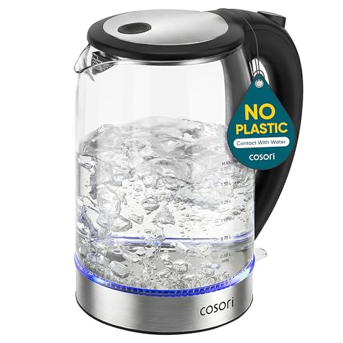 Cosori Electric Kettle, No Plastic Contact With Water, Wide Mouth For Easy Cleaning, Auto Shut Off, 1.7L Tea Kettle & Hot Water Boiler, Water Heater & Teapot, Borosilicate Glass, Black, 1500W