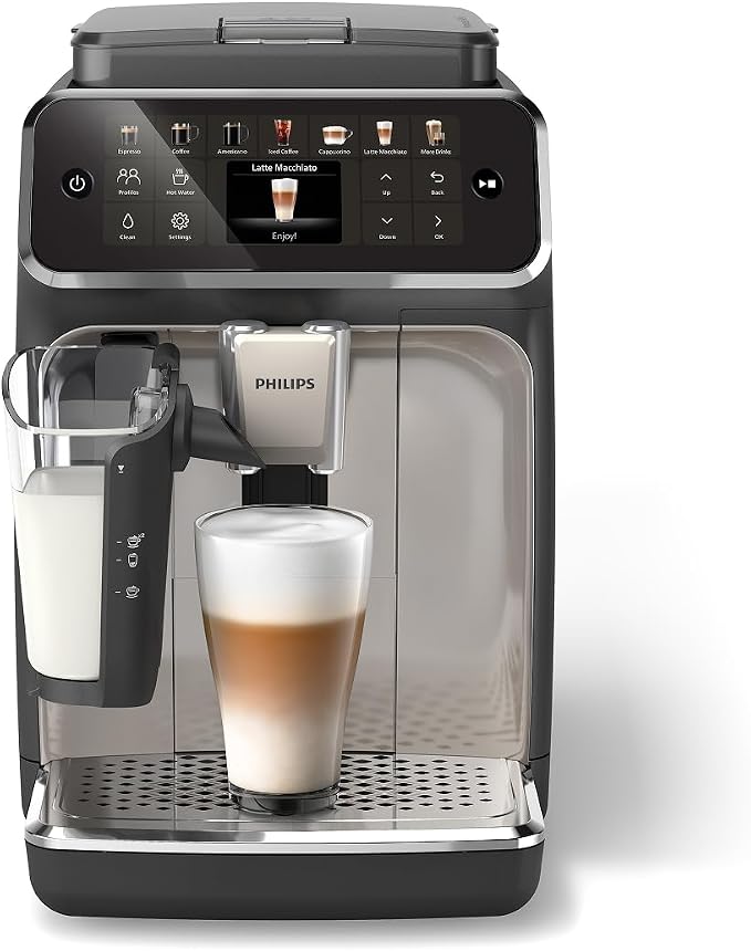Philips 4400 Series Fully Automatic Espresso Machine – 12 Hot & Iced Coffees, Quick-to-Clean LatteGo Milk System, SilentBrew, QuickStart, Ceramic Grinder, Black Chrome (EP4447/90)